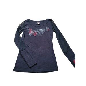 Women's Size Medium Harley-Davidson Long Sheer Sleeve Top Black Roses 2012